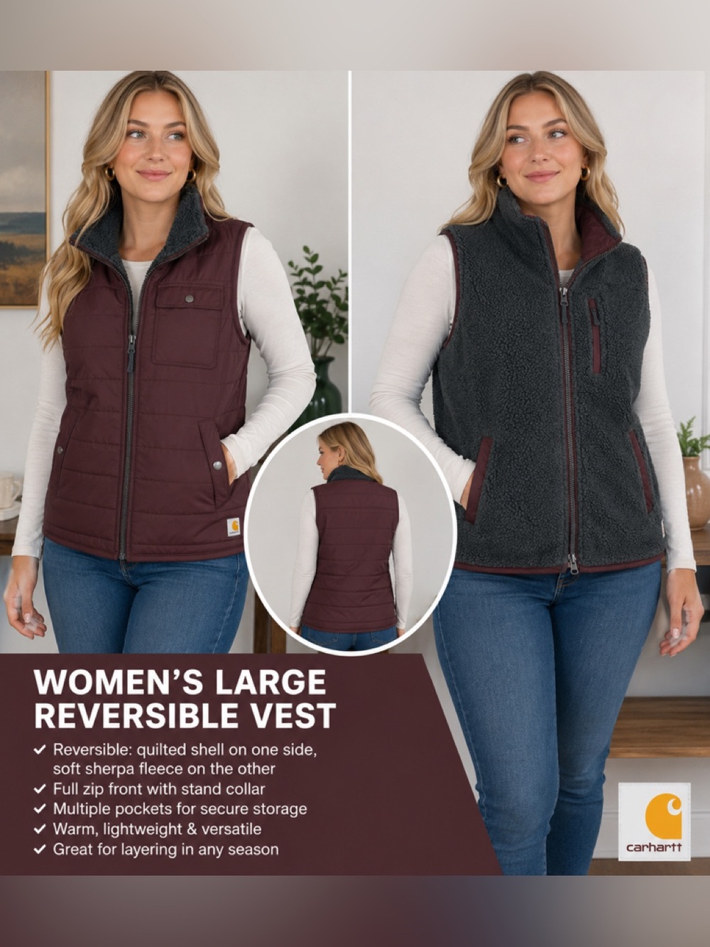 Carhartt Women's Reversible Vest - Maroon and Charcoal